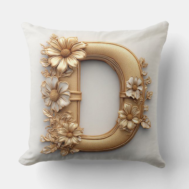Almofada Letra D Monograma Decoração Floral Dourada 🌸 (Frente)