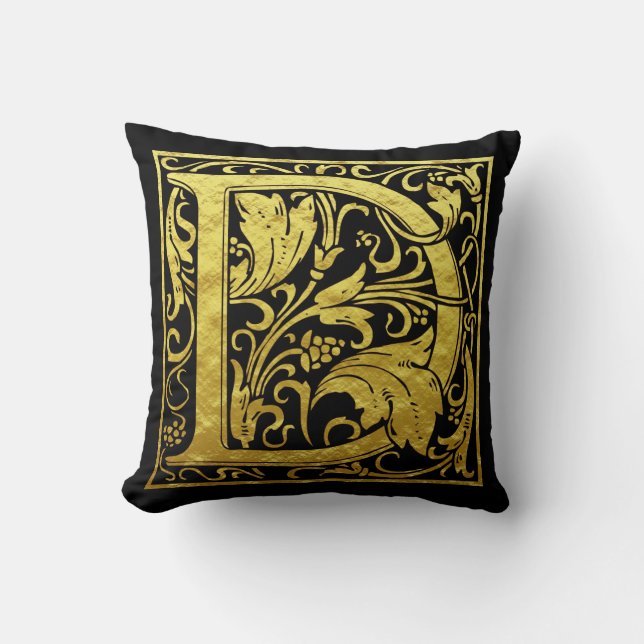 Almofada Letra D Primeira Letra Faux Dourado e Preto (Frente)
