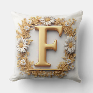 Almofada Letra Dourada F com Decoração de Grinalda Floral