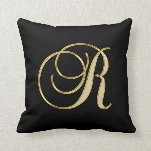 Almofada Letra Dourado preta elegante 'R 'do monograma do