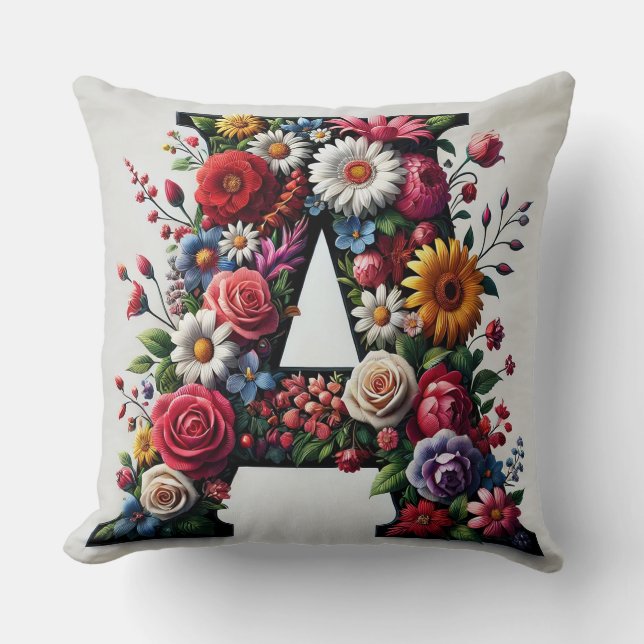 Almofada Letra Floral A com Flores Multicoloridas (Frente)