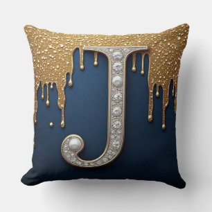 Almofada Letra J Monograma Azul Marinho Dourado com Efeito 