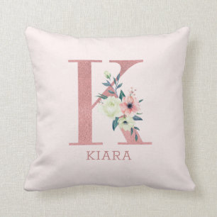 Almofada Letra K Pink Watercolor Monogramas Florais