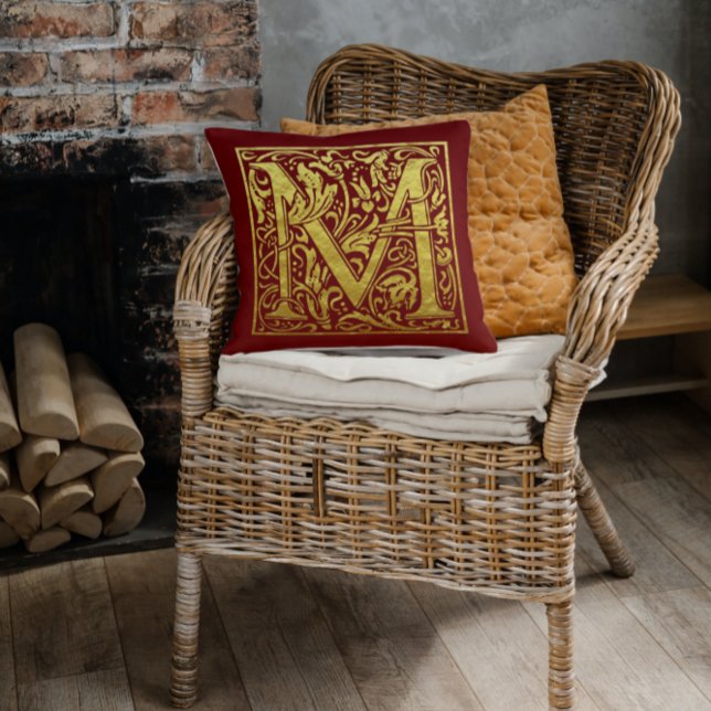 Almofada Letra M Primeira Letra Faux Dourado Vermelho (Criador carregado)