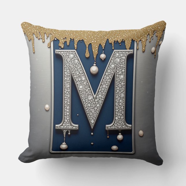 Almofada Letra Monograma M Dourado Marinho com Efeito de Ti (Frente)