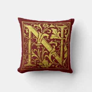 Almofada Letra N Primeira Letra Faux Dourado e Vermelho