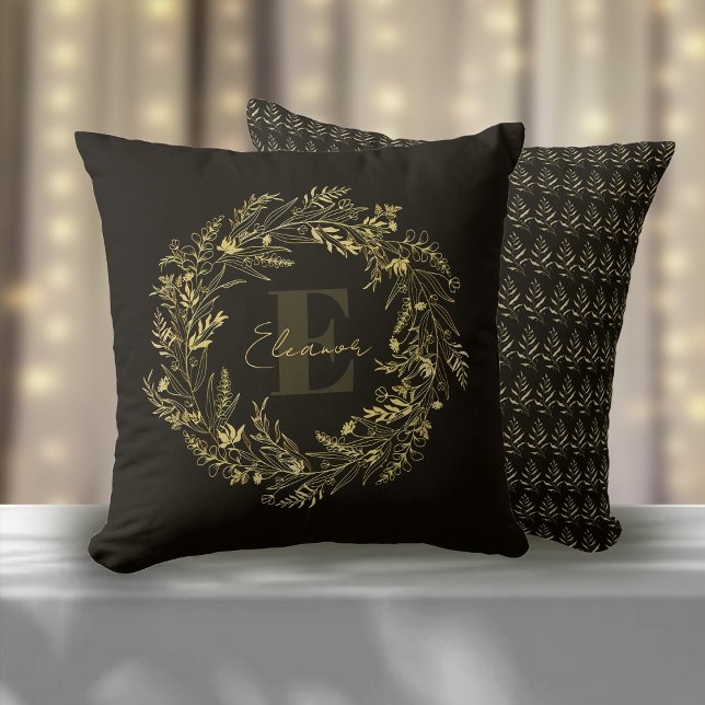 Almofada Letter E Elegant Gold Leaf Monogram (Criador carregado)
