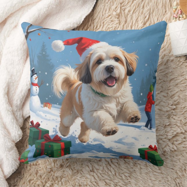 Almofada Lhasa Apso Correndo na Neve com Chapéu de Natal (Cobertor)