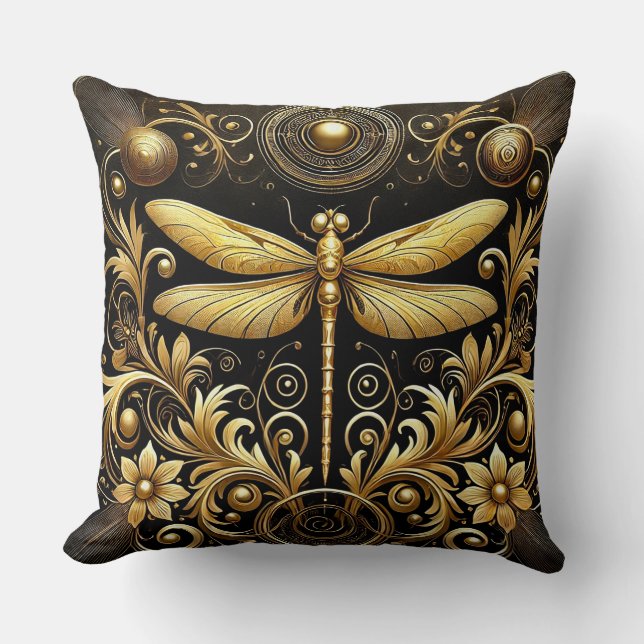 Almofada Libélula Dourada Rodeada por Floral Ornamentada (Frente)