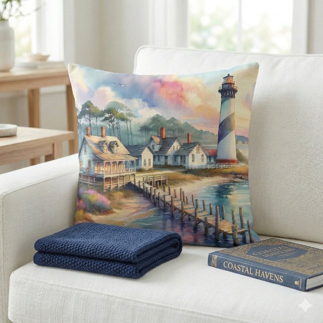 Almofada Lighthouse & Beach Cottages Scense (Coastal Lighthouse & Beach Cottages Scene Throw Pillow Mockup A)
