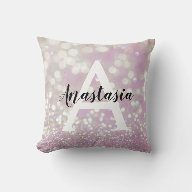 Almofada Lilás Girly Brilho Glitter Faíscas Monograma Nome (Frente)