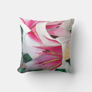 Almofada Lily Triumphator floral, branca e rosa