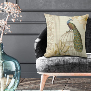 Almofada lily vintage botânica francesa Peacock