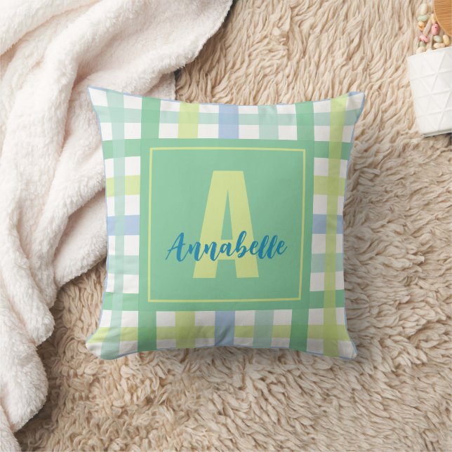 Almofada Limão Verde Azul Pastel Moderno Gingham Monograma (Cobertor)