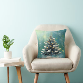 Almofada Linda árvore de Natal com neve e luzes Douradas