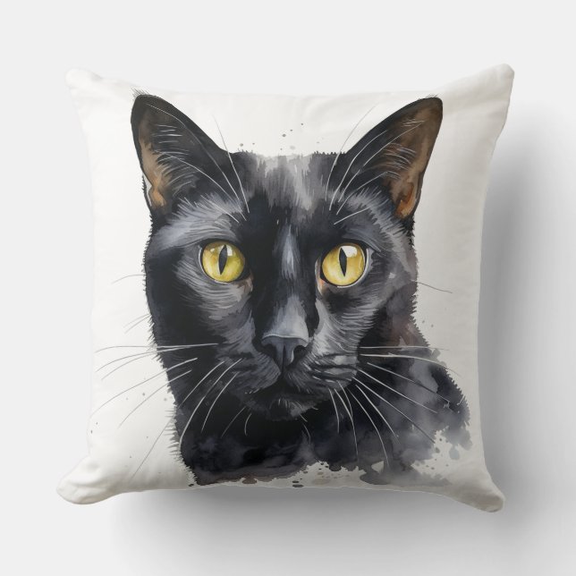 ALMOFADA LINDA FACE DE GATO PRETO DE COR DA ÁGUA (Frente)