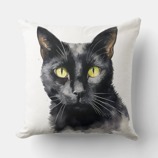 ALMOFADA LINDA FACE DE GATO PRETO DE COR DA ÁGUA (Frente)