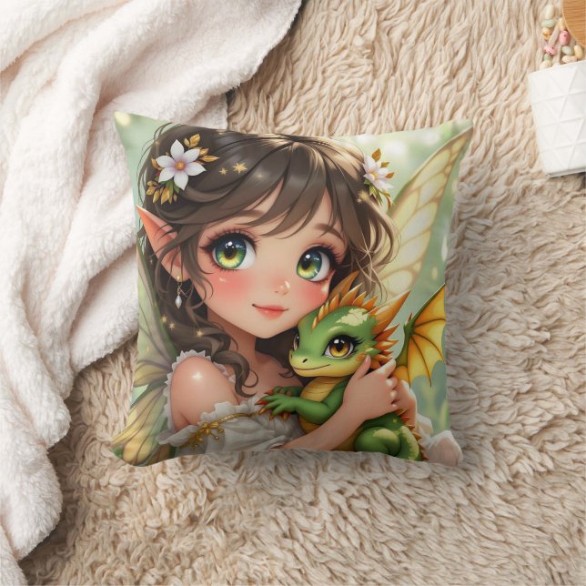 Almofada Linda Fada de Anime e Dragão Chibi  (Cobertor)