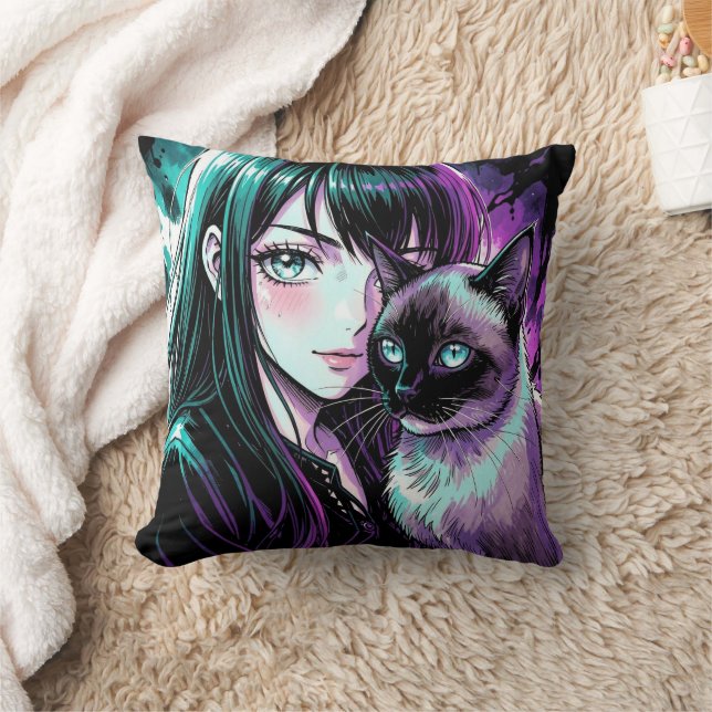 Almofada Linda Garota de Anime e Gato Siames (Cobertor)