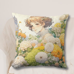 Almofada Linda Garota de Anime em Flores Amarelas e Brancas