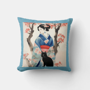 Almofada Linda garota japonesa com um gato preto