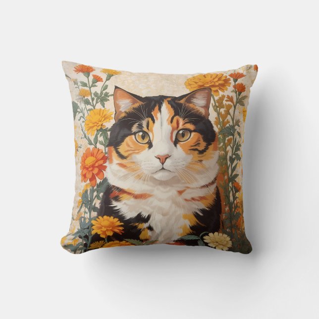 Almofada Linda Gato Calico Com Flores Marigold (Frente)