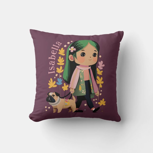 Almofada Linda Menina Personalizada Andando Com Pug (Frente)