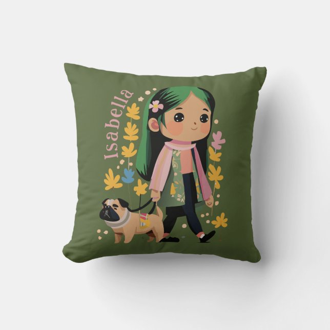 Almofada Linda Menina Personalizada Andando Com Pug (Frente)