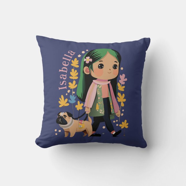 Almofada Linda Menina Personalizada Andando Com Pug (Frente)