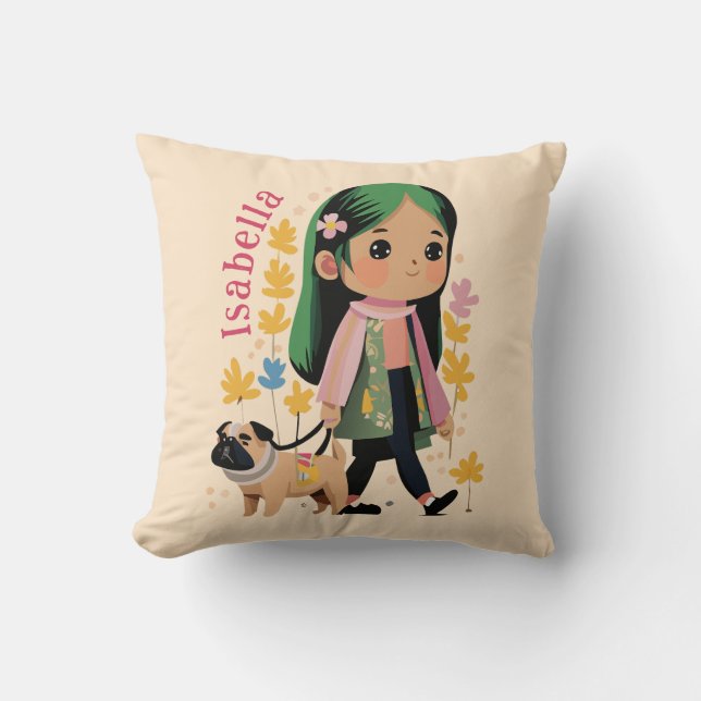 Almofada Linda Menina Personalizada Andando Com Pug (Frente)