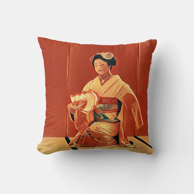 Almofada Linda Vintage Geisha Japonesa em Kimono Red (Frente)