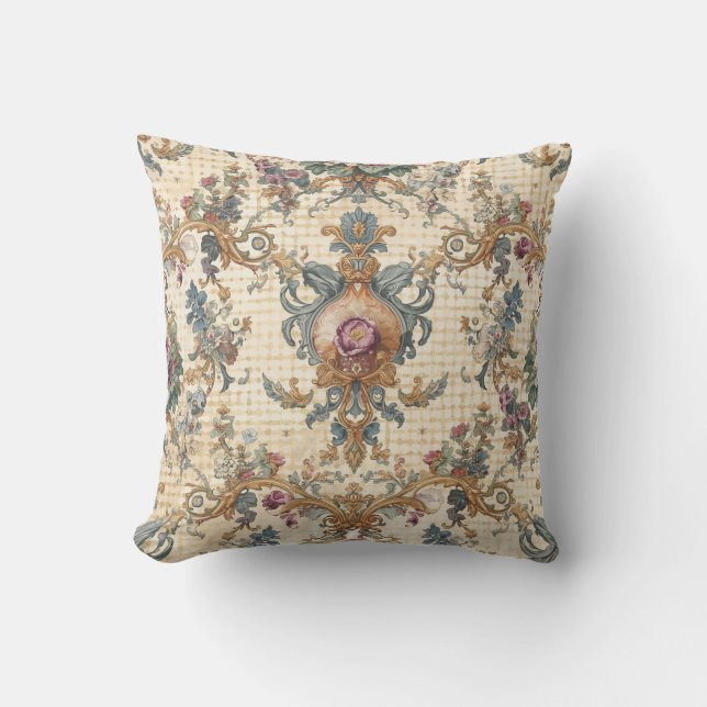 Almofada Lindas Flores de Enfeite Dourado Azul Beigi (Frente)