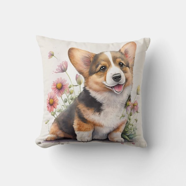 Almofada Lindo Corgi Cachorrinho em Aquarela (Frente)