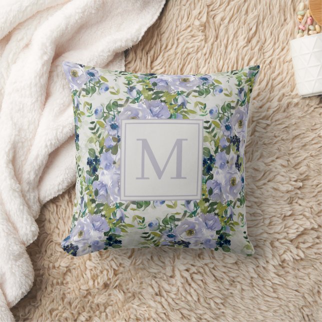 Almofada Lindo Monograma Floral Azul Navy Empoeirado Branco (Cobertor)