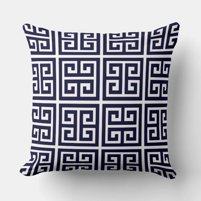 Almofada Lindo padrão de chave grega azul profundo e branco (Frente)