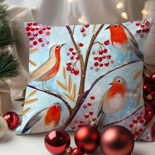 Almofada Lindo Pássaro Toutinegra Vermelha Azul Natal Famíl (Cute Bird Red Robin Blue Christmas Family Throw Pillow)