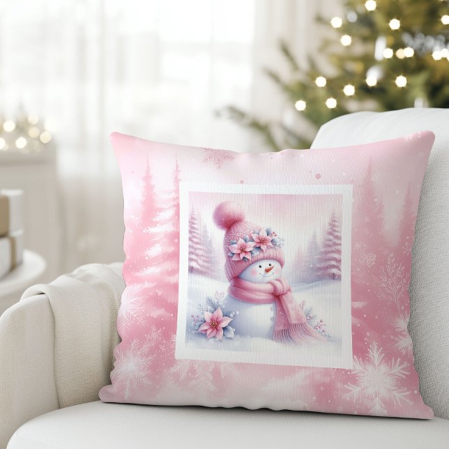 Almofada Lindo Travesseiro de Neve Rosa Macio Cena de Inver (Lovely Pink Snowman Pillow Soft Winter Scene)