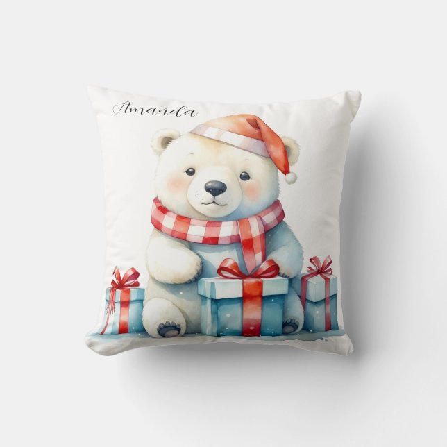 Almofada Lindo Urso Polar de Natal em Aquarela Branca (Frente)