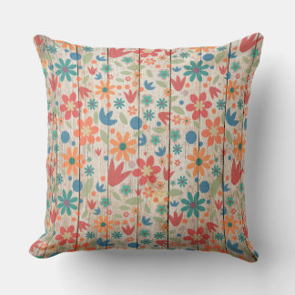 Almofada Lindo vermelho laranja azul floral em madeira bran