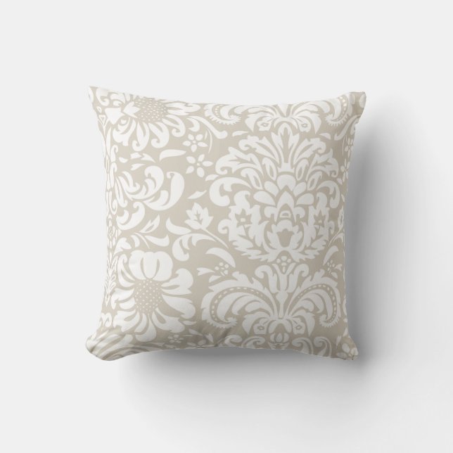 Almofada Linen Beige e White Floral Damask (Frente)