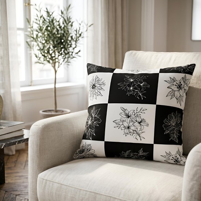 Almofada Linha Botânica Chic em Xadrez Preto e Branco (Criador carregado)