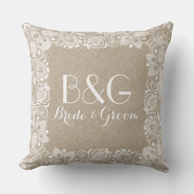 Almofada Linn De Cerco Monograma E Moldura De Lace Branco (Frente)