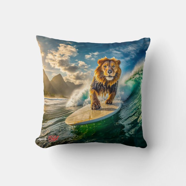 Almofada Lion Surfing Design por Rich AMeN Gill (Frente)