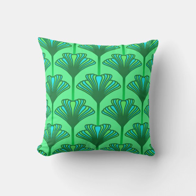 Almofada Lírio do art deco, verde de jade e turquesa (Frente)