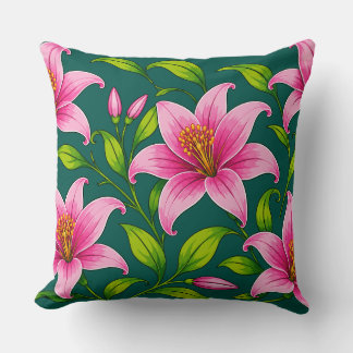 Almofada Lírio Rosa Elegante Floral com Folhagem Verde