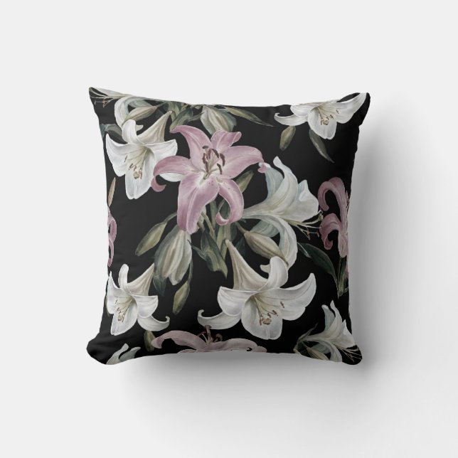 Almofada Lírios, branco rosa, padrão floral. (Frente)