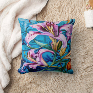 Almofada Lírios Rosa Vibrantes Contra Fundo Azul