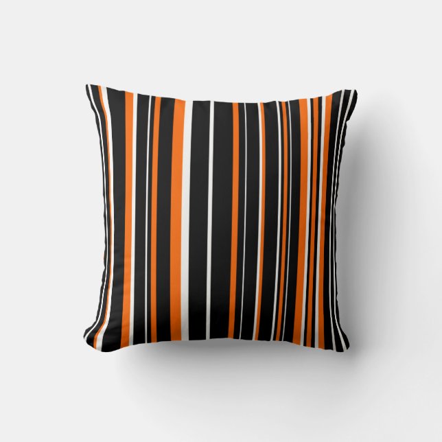 Almofada Listra de código de barras preto, laranja e branco (Frente)
