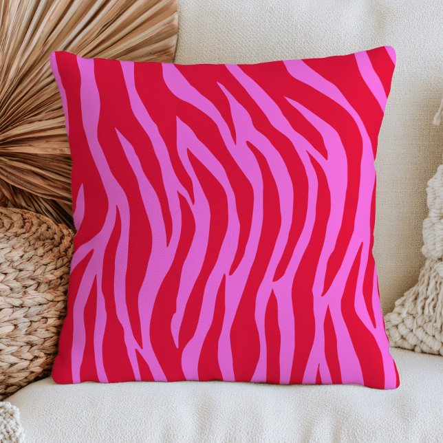 Almofada Listra de Zebra Vermelha e Rosa Retro Maximalista (Criador carregado)