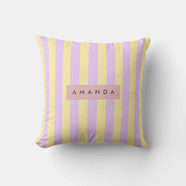 Almofada Listra Pastel Personalizada Amarela e Lavanda (Frente)